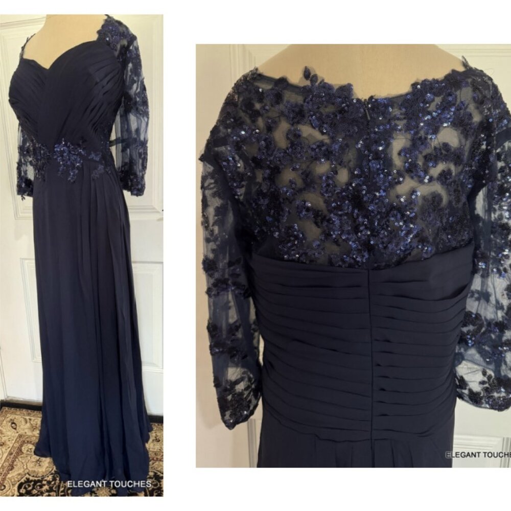 Sequin Lace Navy Maxi Dress with Sheer Sleeves